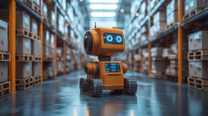 AI-powered robotic assistant operating in a modern warehouse environment during daytime