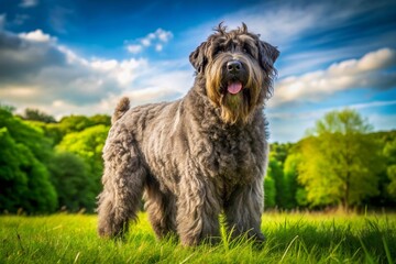 A majestic Bouvier des Flandres dog with a shaggy beard and coat stands proudly in a lush green meadow on a sunny afternoon.