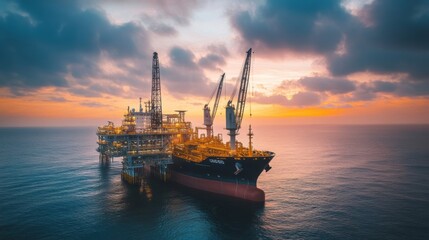 A ship delivering supplies to an oil rig, with cranes offloading cargo, representing the logistical challenges of supporting offshore oil drilling operations in remote areas.