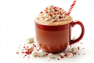 A festive cup of peppermint hot chocolate topped with whipped cream and crushed peppermint candies. 