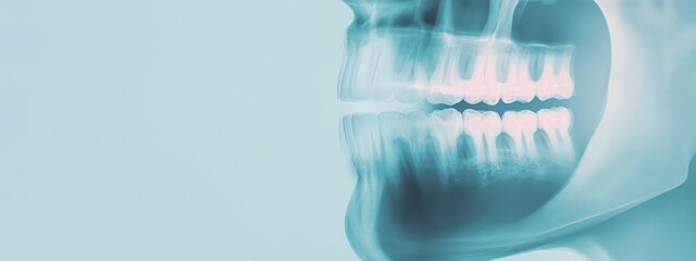 Panoramic dental and oral x-rays colorful on a blue background and space for copying