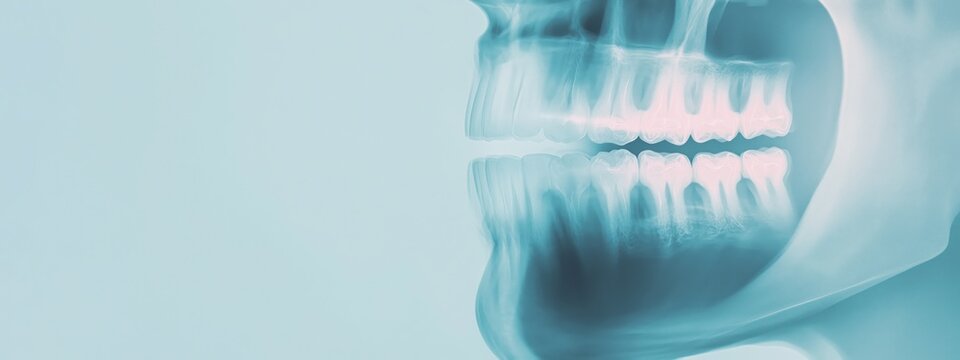 Panoramic dental and oral x-rays colorful on a blue background and space for copying