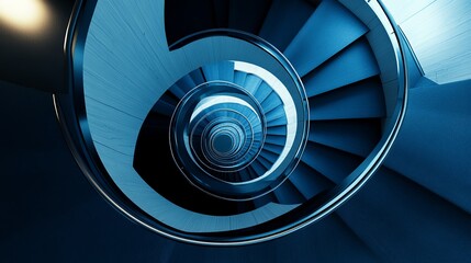 High Angle 3D Photography of a Blue and Black Spiral Staircase Showcasing Modern Architectural Elegance and Dynamic Geometric Curves