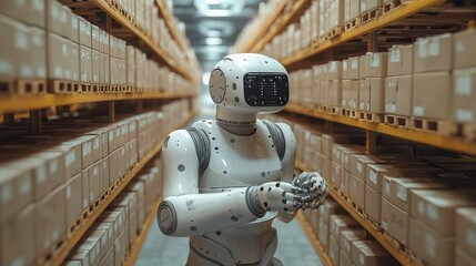 Futuristic warehouse with robotic arms managing inventory in high-tech environment