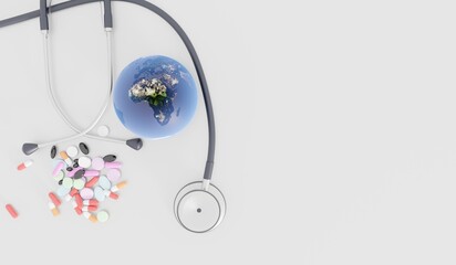 Health check stethoscope, globe mockup and pills, global health and infectious disease concept, medical equipment, 3d illustration