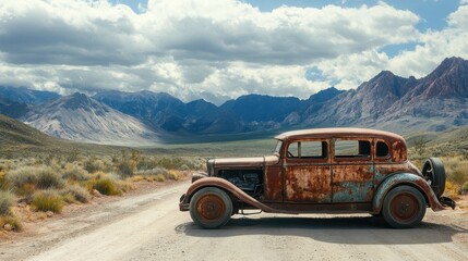 A realistic photo of a vintage western car parked on a dusty road, surrounded by open desert landscapes with mountains in the background. The car's faded paint and rustic details stand out, leaving