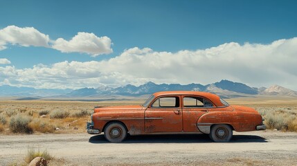 A realistic photo of a vintage western car parked on a dusty road, surrounded by open desert landscapes with mountains in the background. The car's faded paint and rustic details stand out, leaving