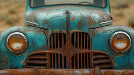 A detailed close-up of a vintage western car's front grille and headlights, with a dusty, weathered finish and the surrounding desert in soft focus. The background offers plenty of open space for