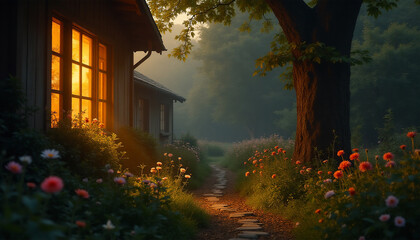 A house with a path leading to it and a tree in the background