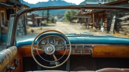 Obraz premium A high-definition image of a classic western vintage car with weathered leather seats and an old-fashioned steering wheel. The car is parked near a rustic saloon in a ghost town setting, with empty