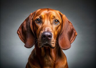 Adorable Redbone Coonhound dog with floppy ears and soulful eyes gazes directly at camera, offering ample copy space in a clean studio setting.