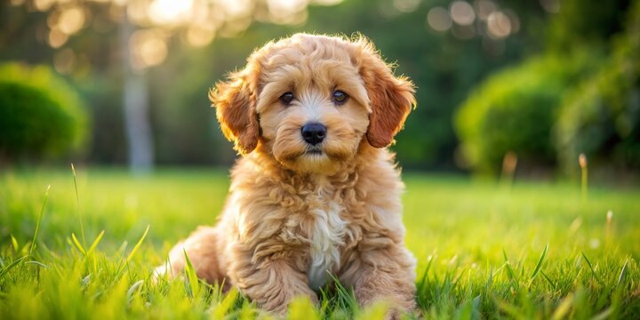Fluffy mini goldendoodle puppy with curly fur and big brown eyes displays an adorable playful expression, sitting on a soft green grass outdoors.