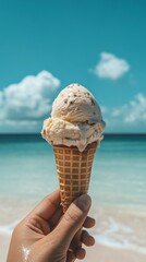 Vanilla ice cream cone held up on