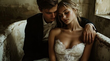 Naklejka premium A bride resting her head on the groom's shoulder as they sit on the edge of a vintage tub, with soft light creating a romantic mood.74601a788944