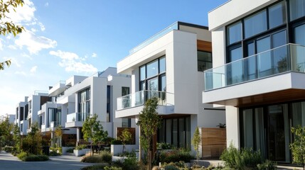 Contemporary white townhouse row with sharp edges and wide glass balconies in a modern urban district.