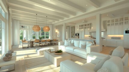 Open concept living room with white sofas, a large rug, and a dining room table in the background.