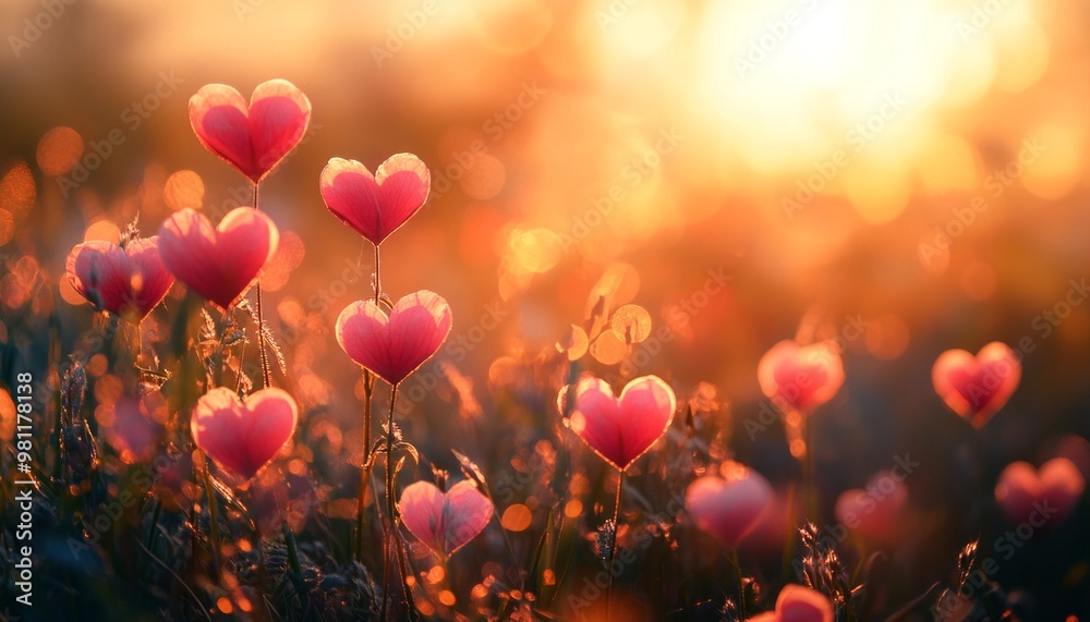 Canvas Prints A field of heart-shaped flowers bathed in the golden glow of a setting sun.