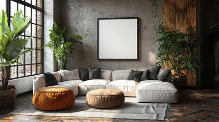 Modern living room with a large sectional sofa and plants.
