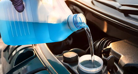 Pouring antifreeze Filling a windshield washer tank with an antifreeze .