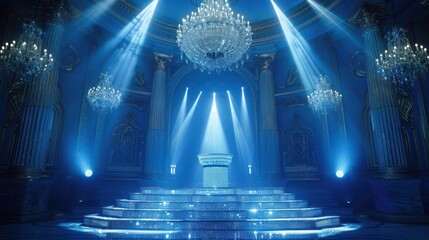 A grand, ornate room with a large crystal chandelier and a platform with a pedestal.