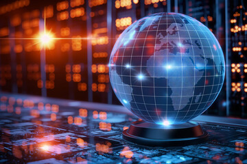 A glowing dot matrix-style globe placed on a sleek holder adorned with a blurry light-dot backdrop. For global networks and world news concepts.
