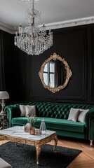 Interior Luxurious Living Room with Emerald Velvet Sofa, Black Accent Wall, and Crystal Chandelier