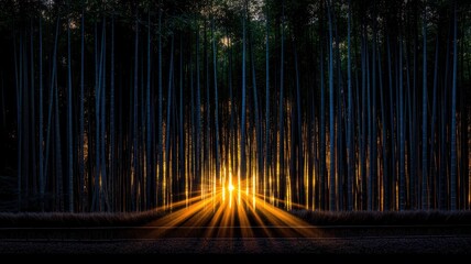A serene forest scene at dusk where golden light filters through tall bamboo, creating an enchanting and peaceful atmosphere.