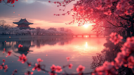 Cherry Blossom Serenity: A traditional pagoda reflects in the tranquil waters at sunrise, framed by a breathtaking canopy of blooming cherry blossoms in vibrant pink hues.  