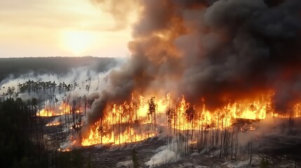 Forest Fire with Thick Smoke and Flames at Sunset