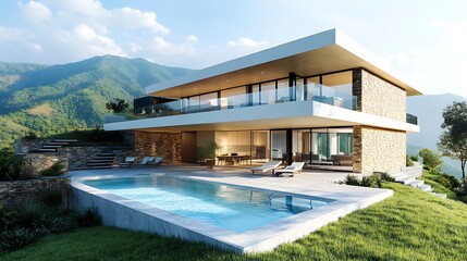 Obraz premium Modern villa with a pool set against a mountainous landscape, showcasing contemporary architecture.