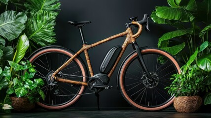 Fototapeta premium Stylish electric bike surrounded by lush green plants, showcasing modern design and eco-friendly technology against a dark background.