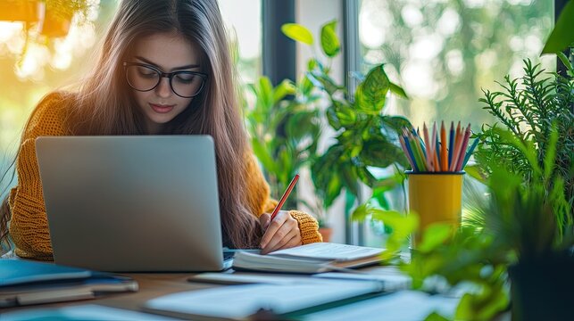 Business style, online learning, schools, HR, manager, book, pencils, pen, table where siting lady and use macbook, plants, clobe,main color light blue and green