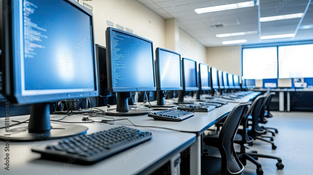 Wall mural a computer lab classroom with rows of monitors and keyboards, ready for students to engage in digita