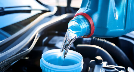  Pouring antifreeze Filling a windshield washer tank with an antifreeze .