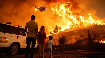Family Observing Wildfire and Helicopter Rescue Effort