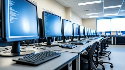 A computer lab classroom with rows of monitors and keyboards, ready for students to engage in digital learning.