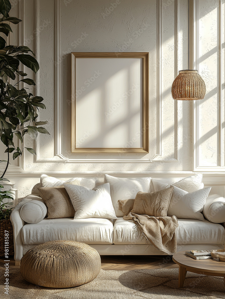 Wall mural Cozy living room with a white sofa and a large empty frame.