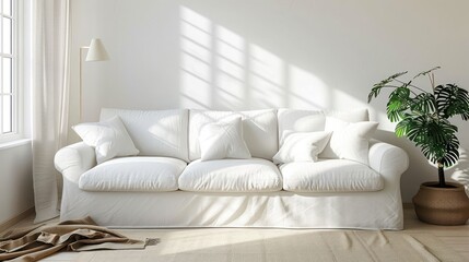 Fototapeta premium A white sofa with pillows, a throw blanket and a potted plant sits in a living room with sunlight streaming in the window.