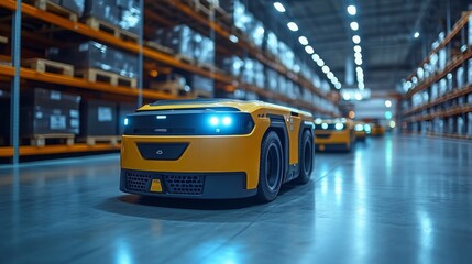 Futuristic robotic vehicles streamline logistics in a high-tech warehouse environment