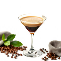 Coffee cocktail in martini glass with coffee beans on white background