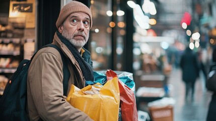Obraz premium A man loaded with shopping bags, looking amused and tired as he waits outside a store while his partner shops.