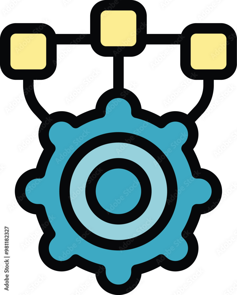 Poster workflow automation system managing processes, represented by a gear icon connected to multiple poin