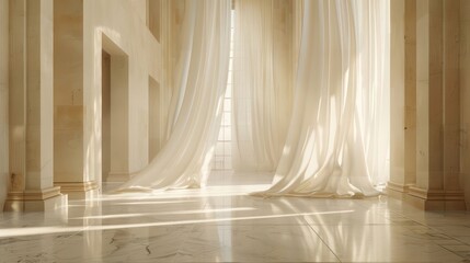 A large, airy room with white curtains billowing in the sunlight that streams through a large window. The room has marble floors and white walls.