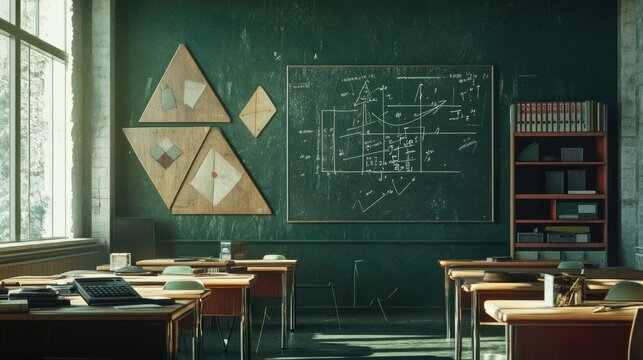 A math classroom with geometric shapes, rulers, and calculators placed on desks, with a chalkboard filled with formulas in the background.