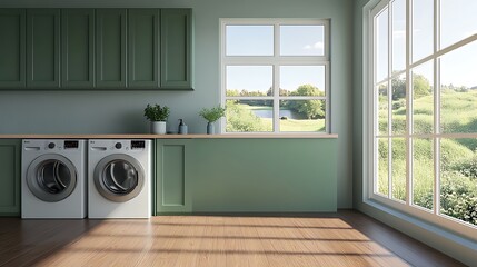 A modern laundry room with washing machines and a view of a green landscape through large windows.