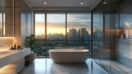 Fototapeta premium A modern bathroom with a deep soaking tub next to a large window with a cityscape view, creating a peaceful retreat.