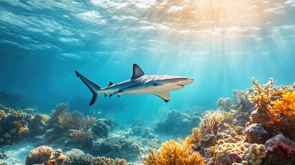 A reef shark swimming calmly above a coral-covered seabed, with sunlight creating dappled patterns on its skin.