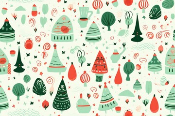 Christmas tree pattern, seamless background for wrapping paper, hand drawn spruces and snowflakes on red.