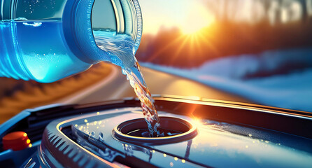  Pouring antifreeze Filling a windshield washer tank with an antifreeze .