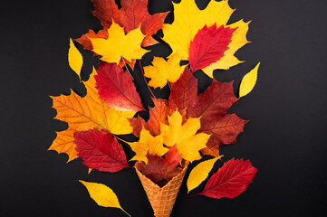 Creative composition with autumn red and yellow leaves and waffle cone on a black background. Flatlay. Top view.